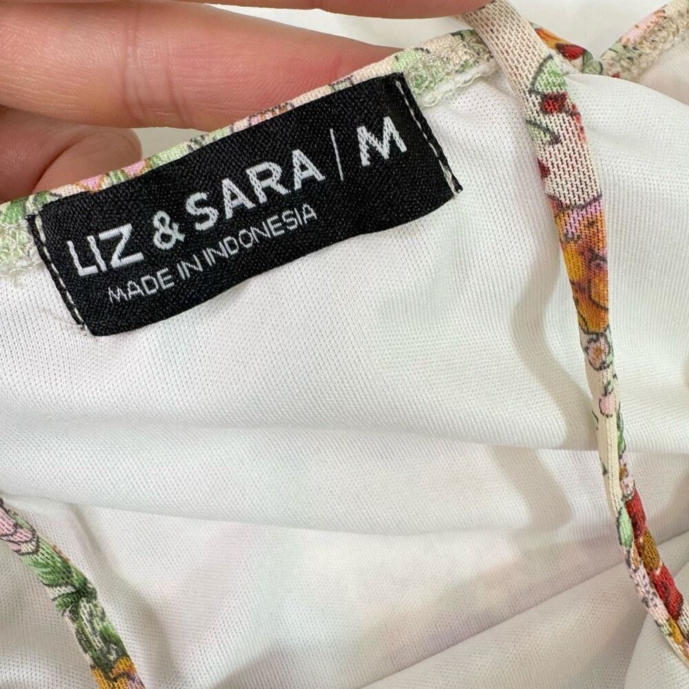 Liz & Sara Mini Dress Womens Medium Tan Floral Y2K Lined Smocked Crepe Milkmaid - Picture 6 of 9